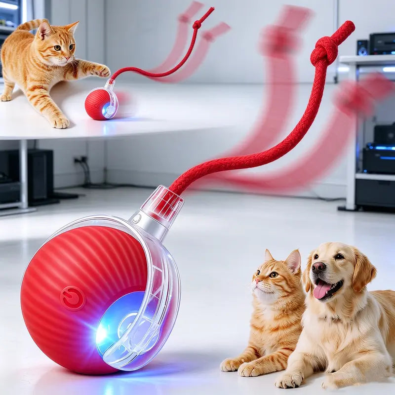 Interactive Usb-Rechargeable Smart Rolling String Cat Toy Ball - Light-Up, Quiet Adjustable Mode, Bite-Wear Resistant, Shatterproof, Non-Toxic, Replaceable Wavy-Texture Shell, 8-Color Indoor Kitten Hunting Toy with Bird Sound Automatic Moving