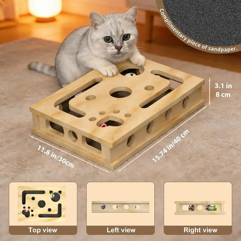 LIVANIRA Universal Wooden Cat Scratch & File Enrichment Box - Claw Care Puzzle Toy with Replaceable Filing Pad, Large Scratch Area, Treat Openings, 3 Toy Balls for Indoor Cats Familyfun