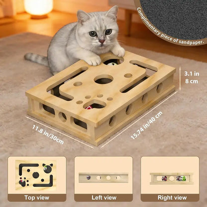 LIVANIRA Universal Wooden Cat Scratch & File Enrichment Box - Claw Care Puzzle Toy with Replaceable Filing Pad, Large Scratch Area, Treat Openings, 3 Toy Balls for Indoor Cats Familyfun