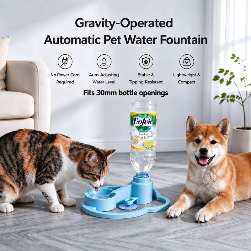 Automatic Gravity-Fed Pet Water Fountain - Compact Shape, 30Mm Bottle Opening Fit, Continuous Fresh Water Flow, Blue for Small-Medium Dogs and Cats