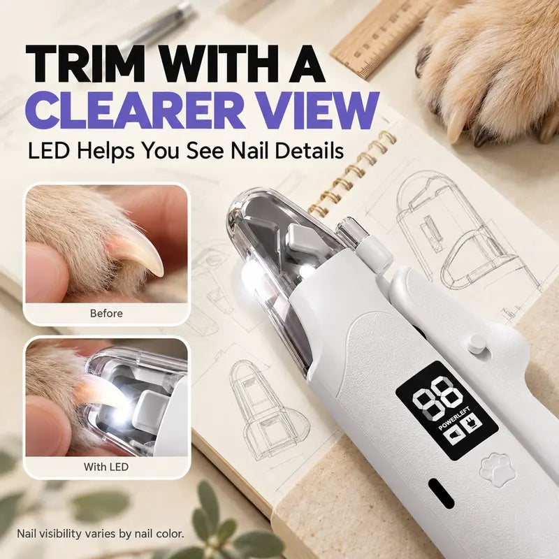 LUMORYNE 2-In-1 Pet Nail Clipper & Grinder for Dogs & Cats, LED Light, Digital Display, USB-C Rechargeable Nail Care Tool