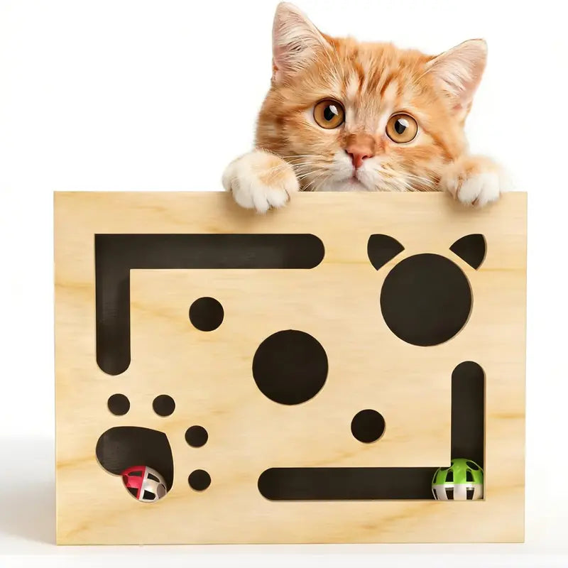 LIVANIRA Universal Wooden Cat Scratch & File Enrichment Box - Claw Care Puzzle Toy with Replaceable Filing Pad, Large Scratch Area, Treat Openings, 3 Toy Balls for Indoor Cats Familyfun
