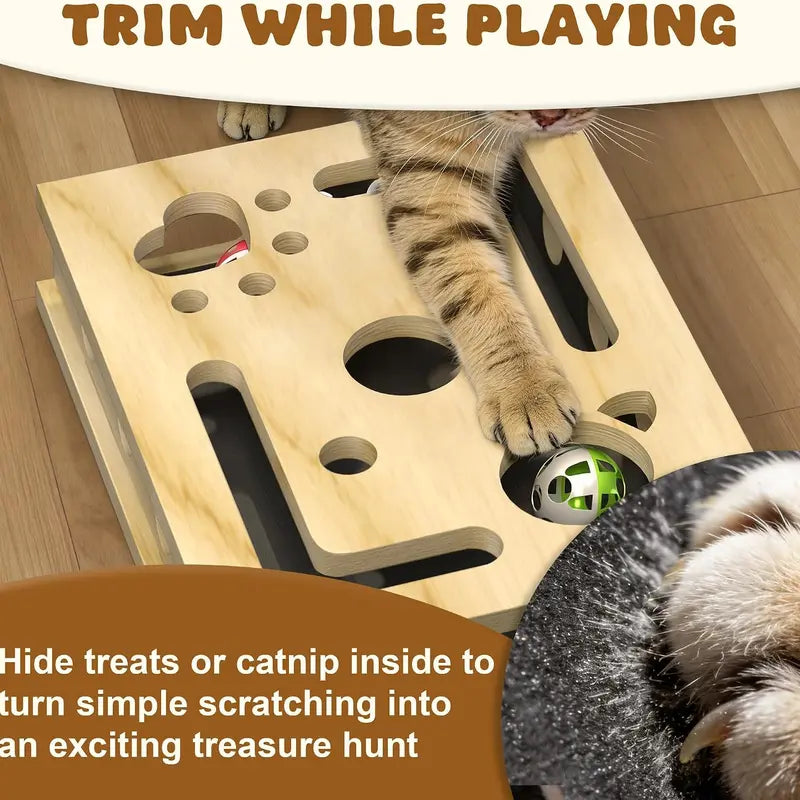 LIVANIRA Universal Wooden Cat Scratch & File Enrichment Box - Claw Care Puzzle Toy with Replaceable Filing Pad, Large Scratch Area, Treat Openings, 3 Toy Balls for Indoor Cats Familyfun