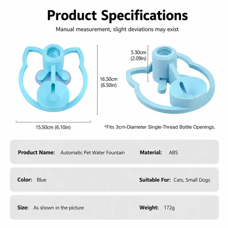 Automatic Gravity-Fed Pet Water Fountain - Compact Shape, 30Mm Bottle Opening Fit, Continuous Fresh Water Flow, Blue for Small-Medium Dogs and Cats