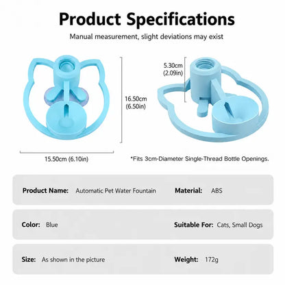 Automatic Gravity-Fed Pet Water Fountain - Compact Shape, 30Mm Bottle Opening Fit, Continuous Fresh Water Flow, Blue for Small-Medium Dogs and Cats